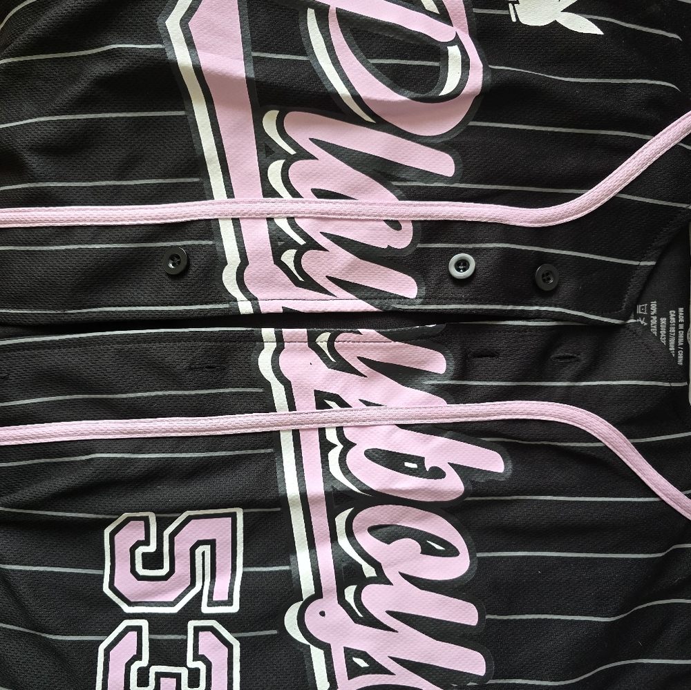 PLAYBOY Black and Pink Pinstripe Baseball Jersey - Picture 4 of 7